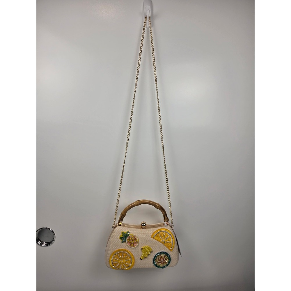 Haute Hippie Beaded Fruit Straw Clutch Crossbody Bamboo Handle Bag Natural NEW - Picture 2 of 13
